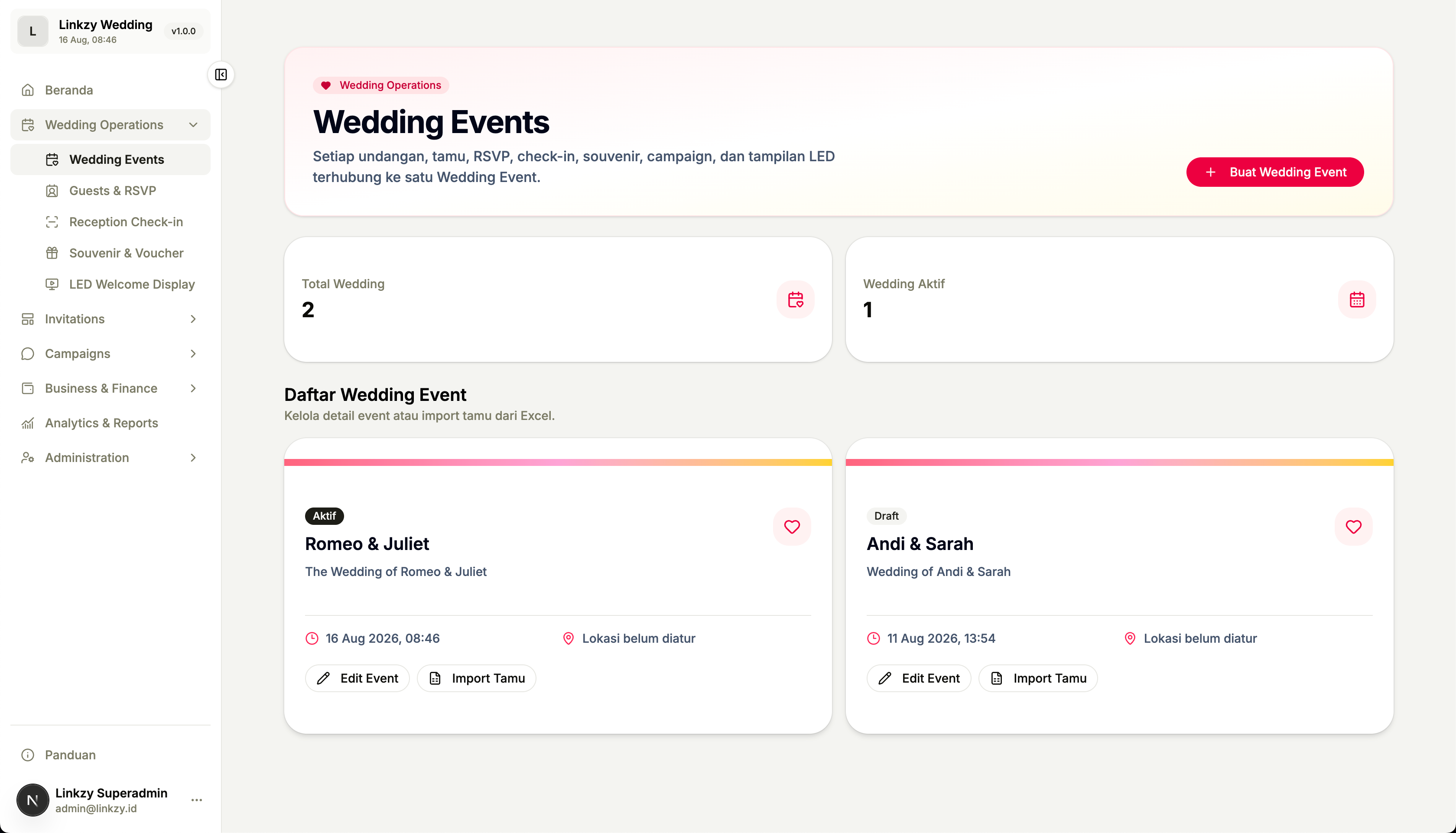 Daftar Wedding Events pada halaman Wedding Event