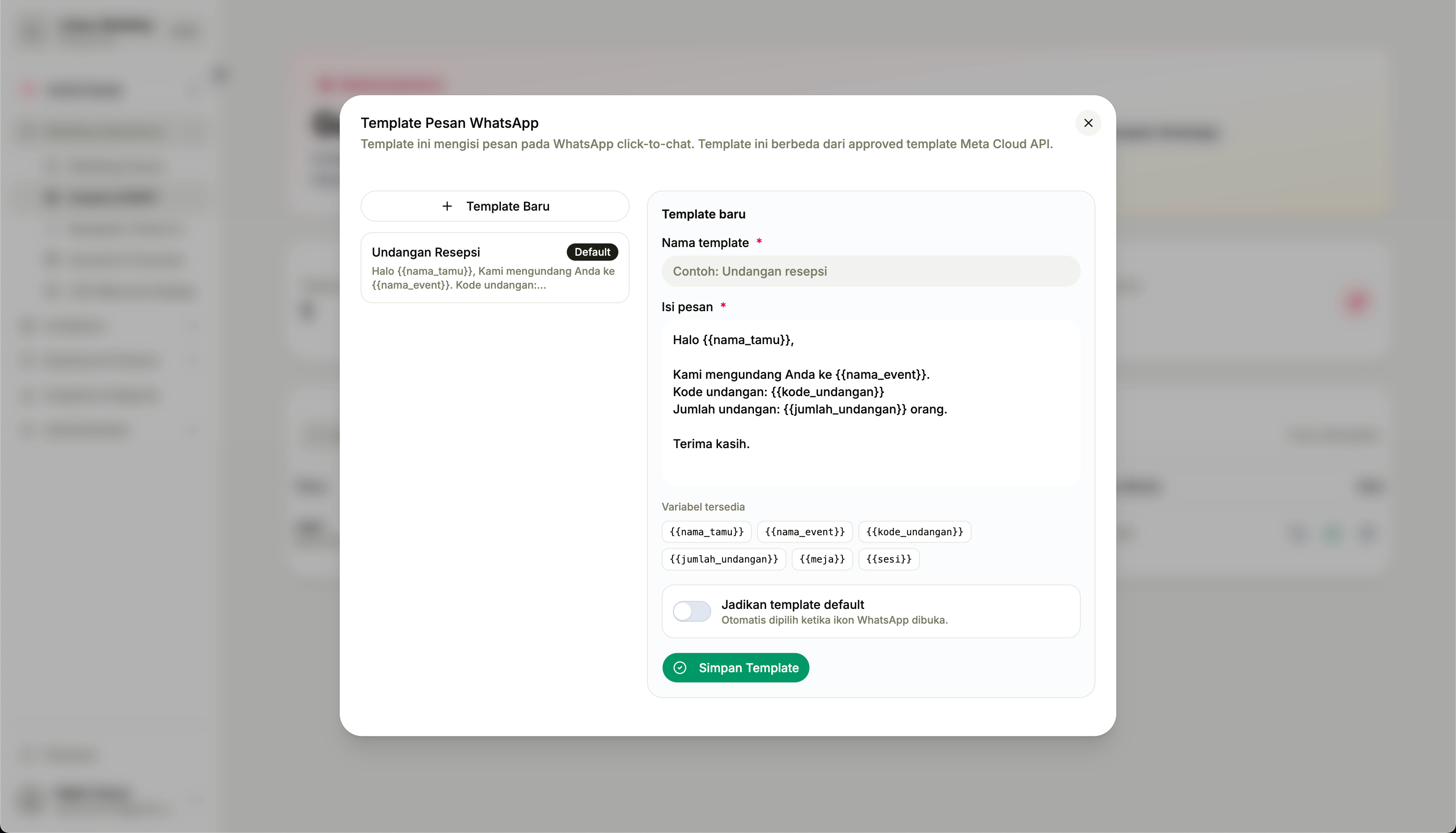 Form tambah template pesan WhatsApp