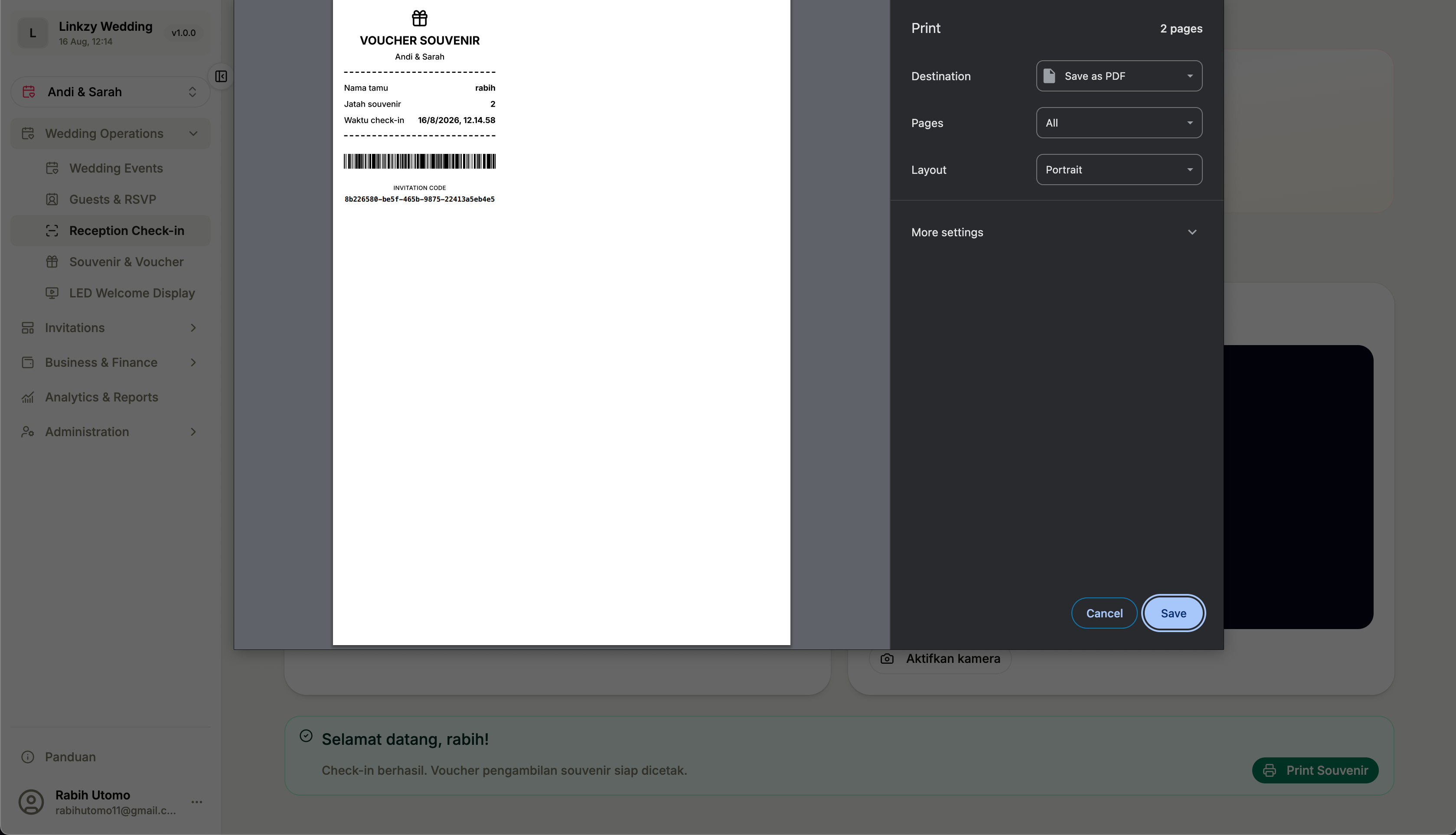 Tampilan cetak voucher souvenir dengan barcode scanner